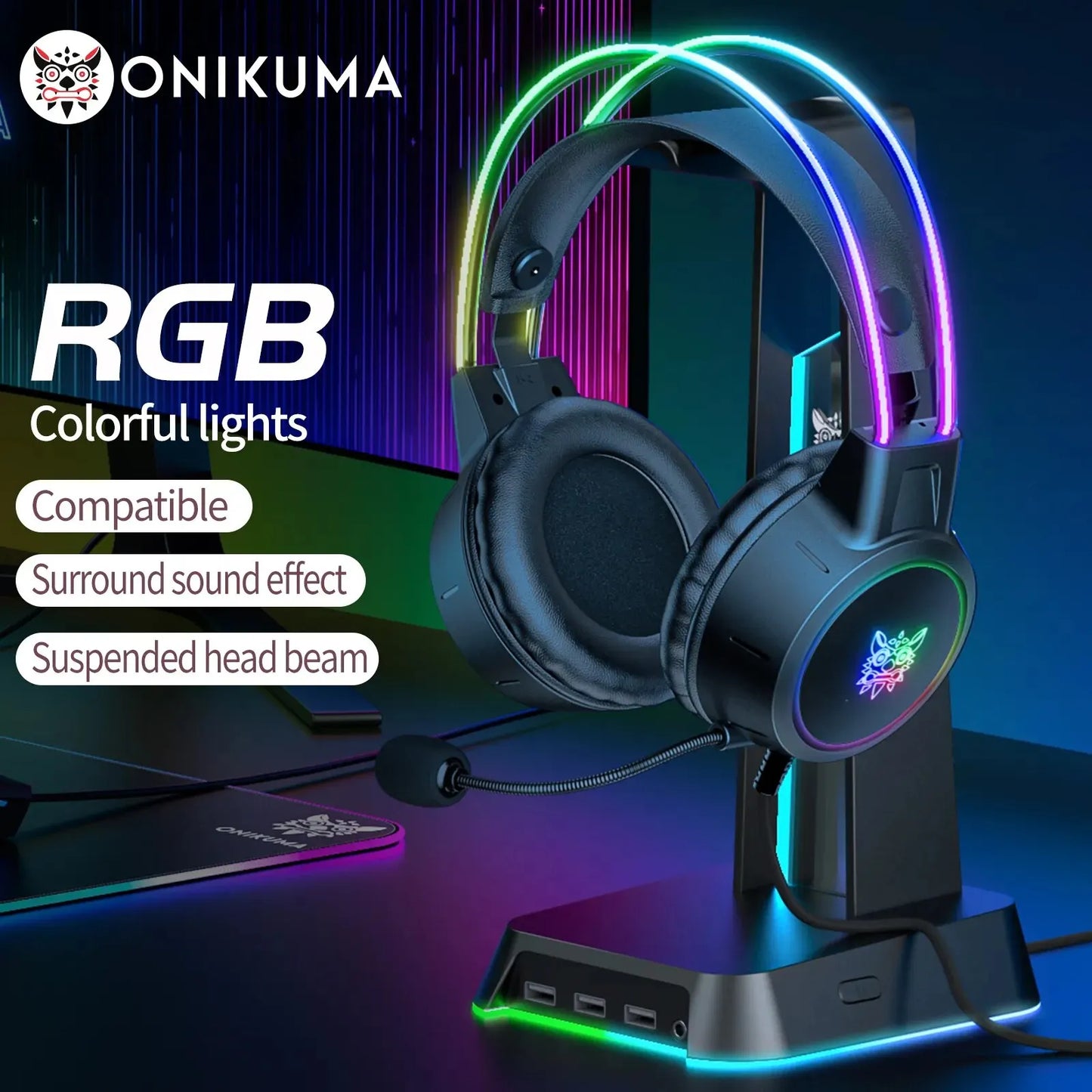 Gaming Headset with Dynamic RGB Light Detachable Cat Ears Mouse Holder Esports Package Wired Headphones with Mic for PC