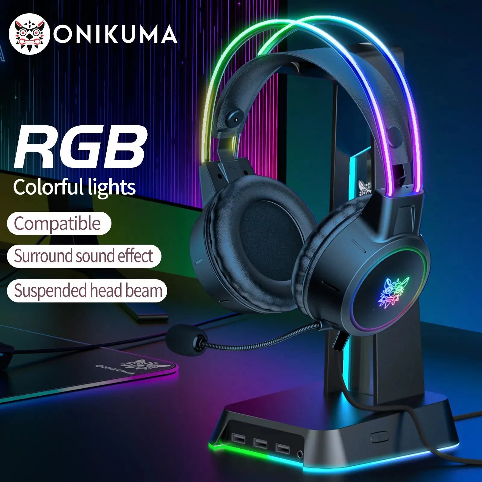 Gaming Headset with Dynamic RGB Light Detachable Cat Ears Mouse Holder Esports Package Wired Headphones with Mic for PC