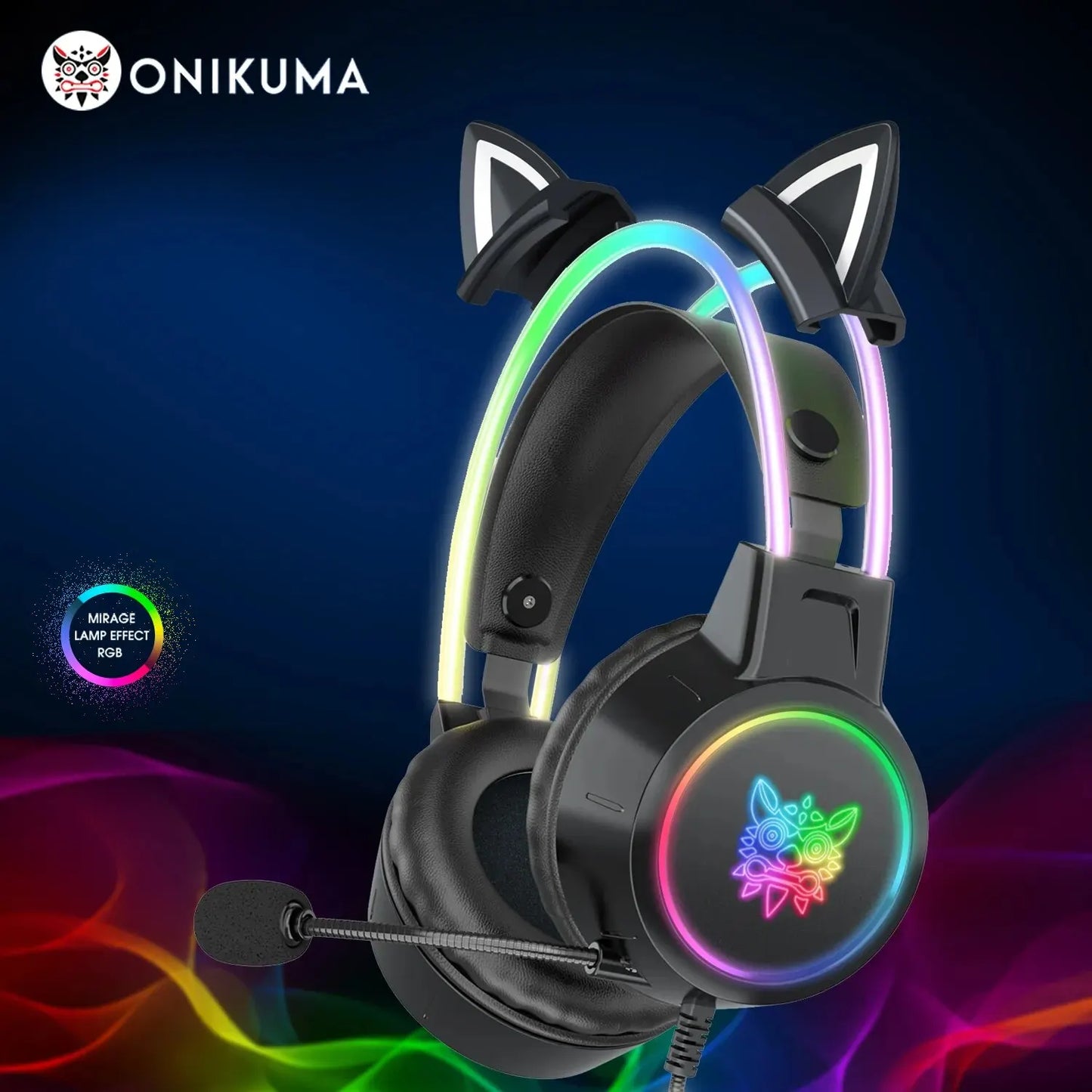 Gaming Headset with Dynamic RGB Light Detachable Cat Ears Mouse Holder Esports Package Wired Headphones with Mic for PC