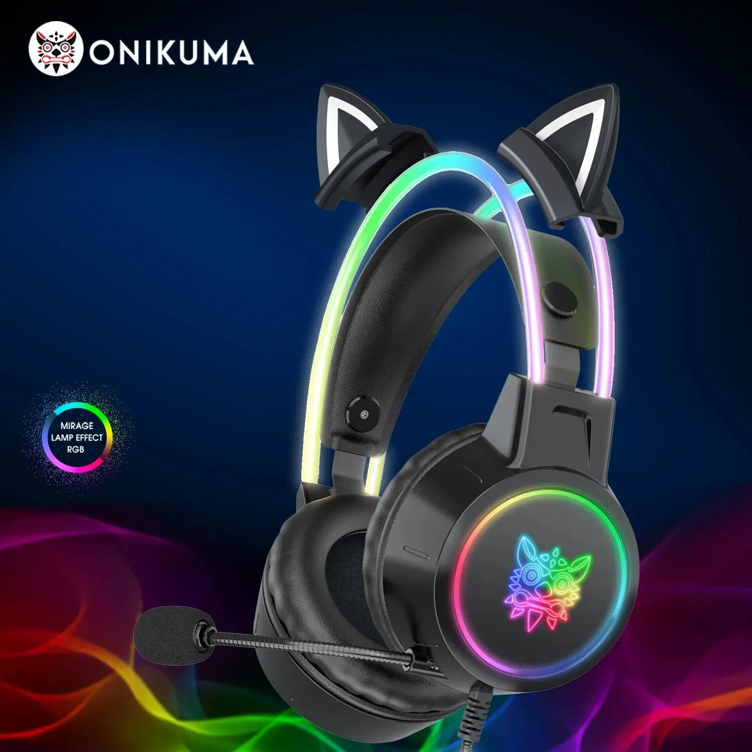 Gaming Headset with Dynamic RGB Light Detachable Cat Ears Mouse Holder Esports Package Wired Headphones with Mic for PC